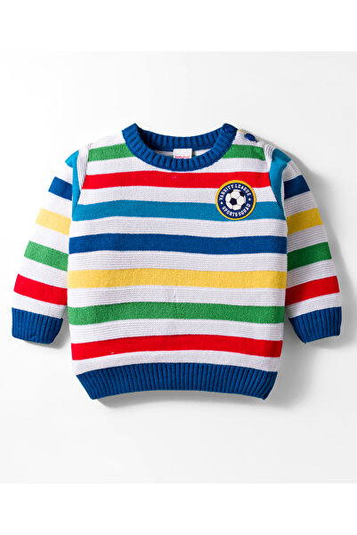 Babyhug Knitted Full Sleeves Striped Pullover Sweater with Football Patch - M...