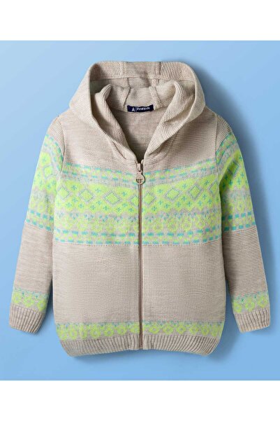 Pine kids Knit Full Sleeves Front Open Hooded Sweater with Aztec Design - Beige