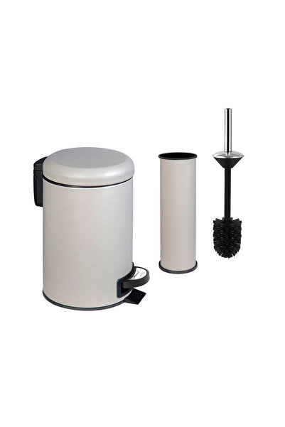 GörSeç 3 Liter Bej Elite Luxury Bathroom Set Pedal Trash Can Toilet Brush Lux...