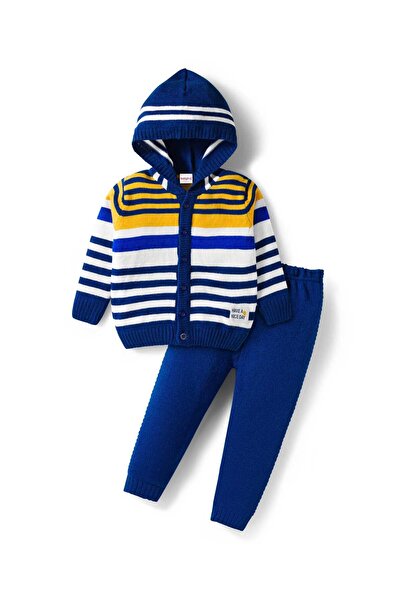 Babyhug Knit Full Sleeves Front Open Hooded Sweater & Pants Set with Stripes ...