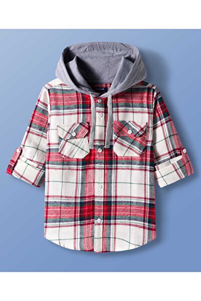 Pine kids قميص قطني بغطاء رأس بأكمام طويلة وغطاء رأس ناعم الملمس بنقشة مربعات...