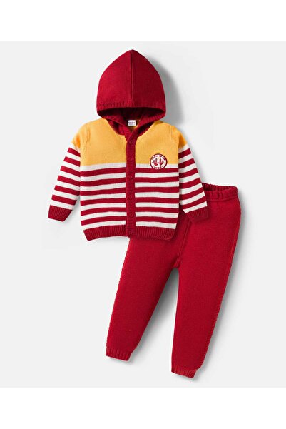 Babyhug طقم كنزة صوفية بأكمام طويلة بغطاء رأس وبنطال مزين برقعة غابة - أحمر و...