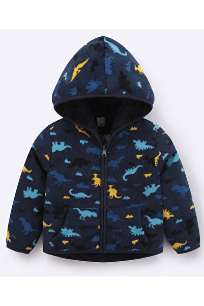 SAPS All Over Dinosaur Printed Full Sleeves Front Zippered Hoodie - Navy