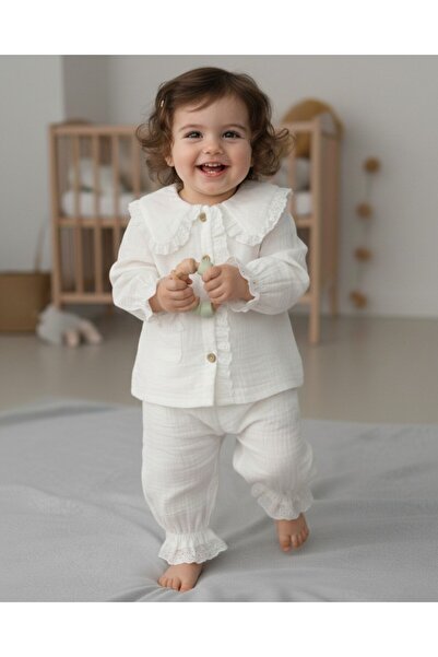 Ege Bebek Baby Girl Muslin Fabric Collar Detailed with Drawstrings on the Sle...