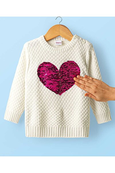 Babyhug كنزة صوفية محبوكة بأكمام طويلة مزينة بترتر قابل للعكس - أبيض