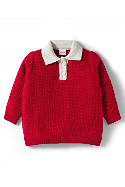 Babyhug Knitted Full Sleeves Solid Color Pullover Sweater with Polo Collar - Red