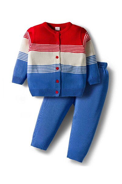 Babyhug طقم كنزة وبنطال مخطط بأكمام طويلة مفتوحة من الأمام - أحمر، أبيض، وأزر...