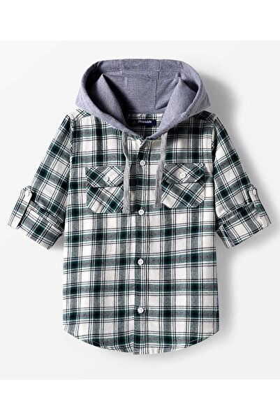 Pine kids Cotton Woven Full Sleeves Brushed Hooded Shirt With Checks - Green/...