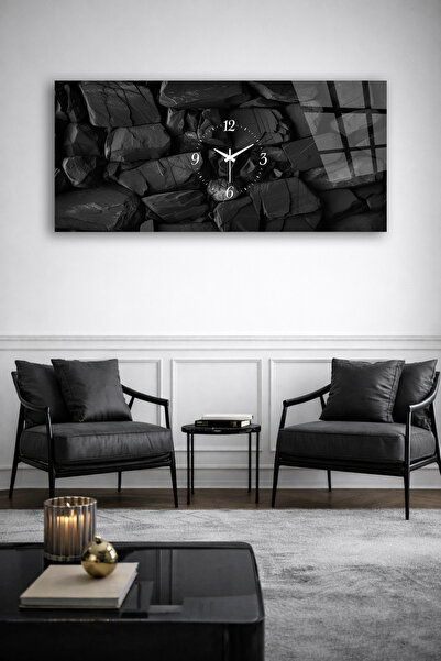 Olinpa KIRILMAZ CAM DUVAR SAATİ , HEM TABLO HEM SAAT SİYAH TAŞ DOKU MINIMAL E...