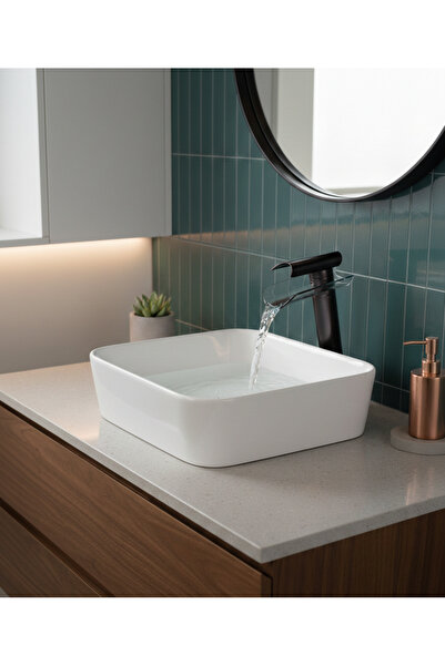 EMFA AKSESUAR صنبور حوض غسيل من الزجاج الأسود - صنبور حوض غسيل بتدفق شلال أسود