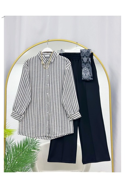 YEDİLALE Striped Sports Long Shirt Straight-Leg Pants Double Set [Excluding S...