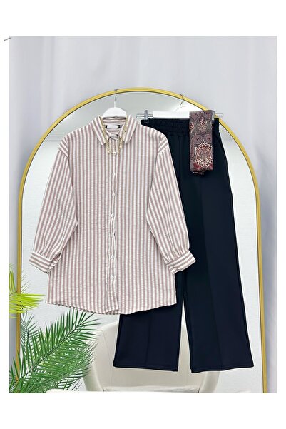 YEDİLALE Striped Sports Long Shirt Straight-Leg Pants Double Set [Excluding S...