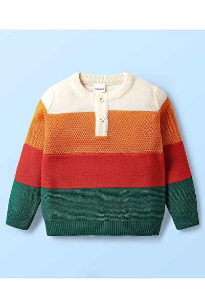 Babyhug Knit Full Sleeves Pullover Sweater with Color Block Design - Orange