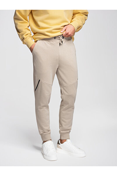 OMBRE Pánské tepláky Jogger - Béžové V3 OM-PASK-0280