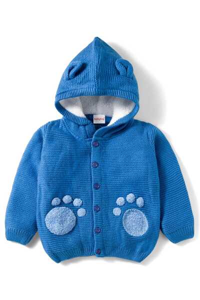 Babyhug Knit Full Sleeves Front Open Hooded Sweater & Pants Set with Paw Desi...