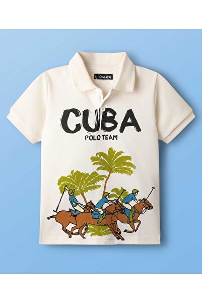 Pine kids تيشيرت بولو أبيض بأكمام نصفية من القطن المحبوك، مزين بطبعة حصان وكو...