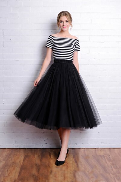 SUNEH Siyah 3 Katman 75 cm Uzunluk Midi Kabarık Fermuarlı-Beli Lastikli Rahat...