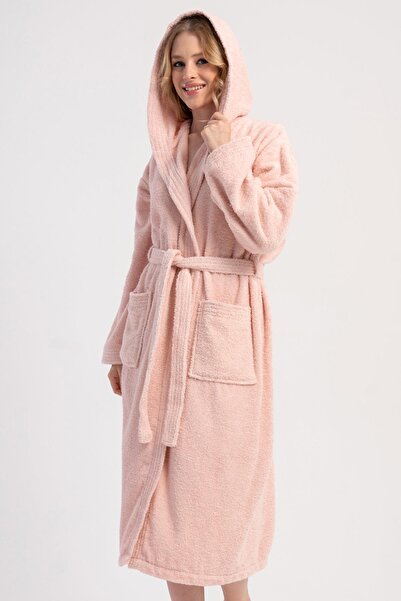 VİENETTA Women's Hooded Belted Pink Bathrobe with Pockets C9T6N8161