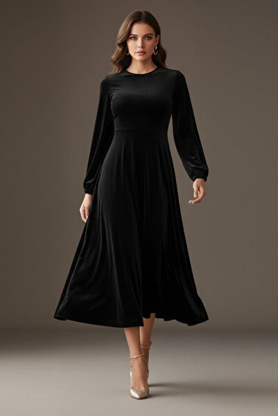 Mossta Stylish Midi Velvet Dress with Waist Belt - Black