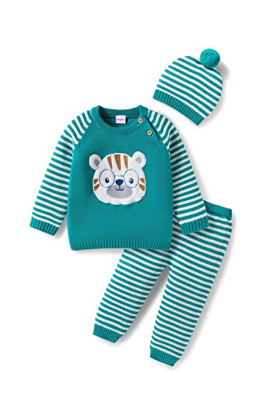 Babyhug طقم كنزة وبنطال قطن مخطط بتصميم قبعة ودب - أزرق مخضر