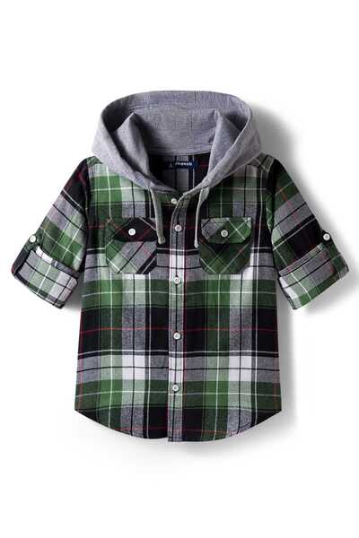 Pine kids Cotton Woven Full Sleeves Brushed Hooded Shirt With Checks - Green/...