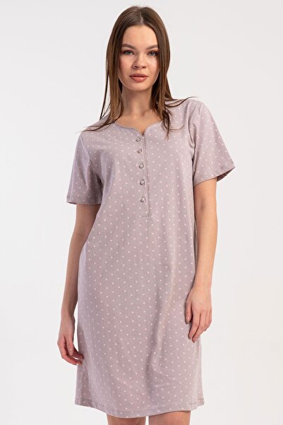 VİENETTA Women's Half Buttoned Short Sleeve Polka Dot Nightgown Tunic Light B...