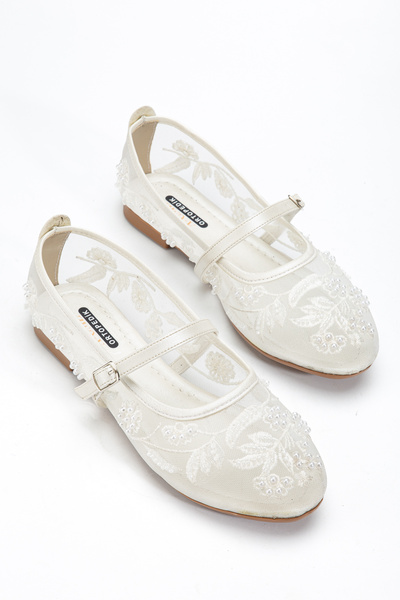 trendyes Women's Ballet Flats with Mesh Embroidery and Bead Details