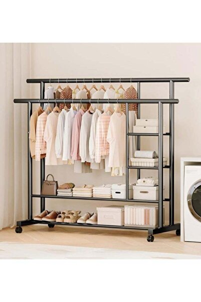 Türkiye Metal Garment Rack with Double Hanging Rail, Storage Shelves and Cast...