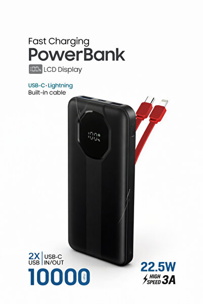 TUROVE 10000 mah 22.5 PD HIZLI ŞARJ KENDİNDEN KABLOLU GÖSTERGELİ POWERBANK