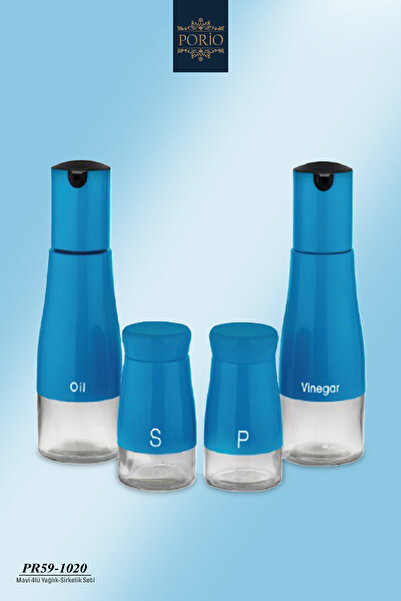 Porio 4-Piece Glass Blue Metal Oil Bottle, Vinegar Bottle, Salt and Pepper Sh...