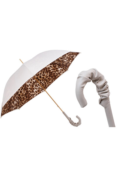 PASOTTI Leopar Desenli, Büzgülü Deri Saplı Şemsiye Manuel Açma Uzunluk: 93 Cm...