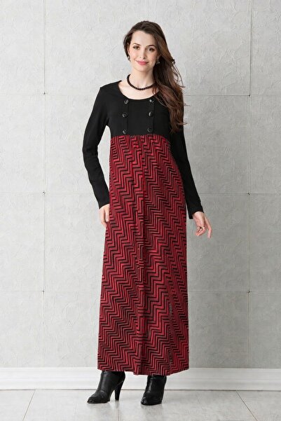 Desen Hamile Giyim Siyah Kırmızı Uzun Hamile Elbise