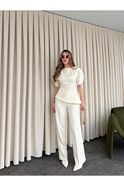 Laluvia Ecru Balloon Sleeve Asymmetrical Blouse Trousers Set - 25194