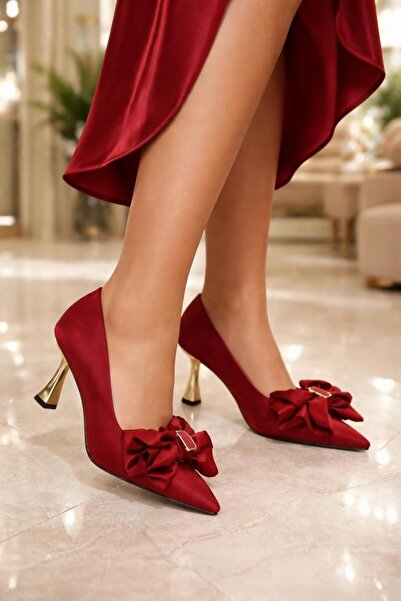 MODAONN Pantofi cu toc auriu pentru femei, cu detaliu de fundă din satin