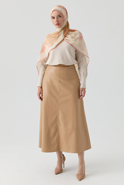 Tuğba Kesik Detaylı Suni Deri Çan Etek - Bej