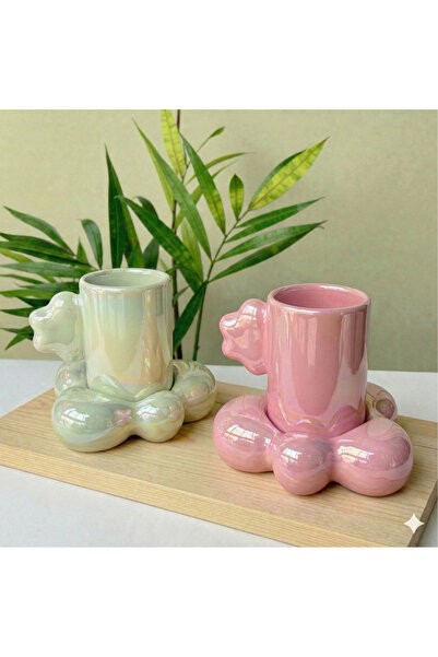 Deniz Kızı Seramik 2-Piece Cloud Cup with Saucer Pink - Green / Handmade Cera...