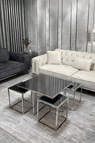 Ayza Home Design 5'li Gümüş Krom Kaplama Füme Aynalı Orta Sehpa