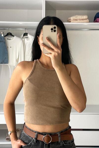 Crep Halter Neck Athletic Top with Exotic Detail - Camel Camel