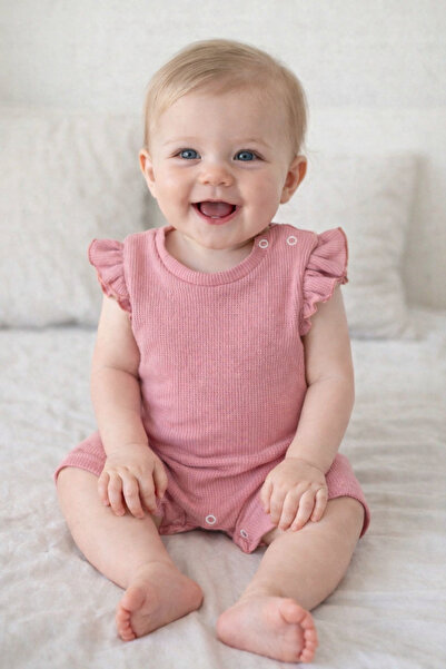 OMY 3-6-9 Months Waffle Ruffled Baby&Child Jumpsuit&Salopet with Ruffled Shou...
