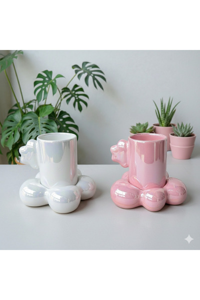 Deniz Kızı Seramik 2-Piece Cloud Cup with Saucer White-Pink / Handmade Cerami...