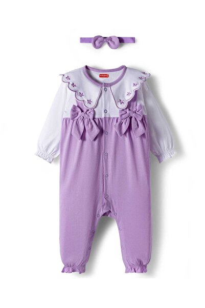 Babyhug جمبسوت قطني 100% بتفاصيل كشكشة، وتطريزات زهرية، وزينة فيونكة، وربطة ش...