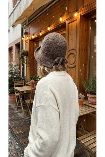 LAGRANZE Kadın Yün Örgü Arkadan Fiyonklu Bucket Şapka
