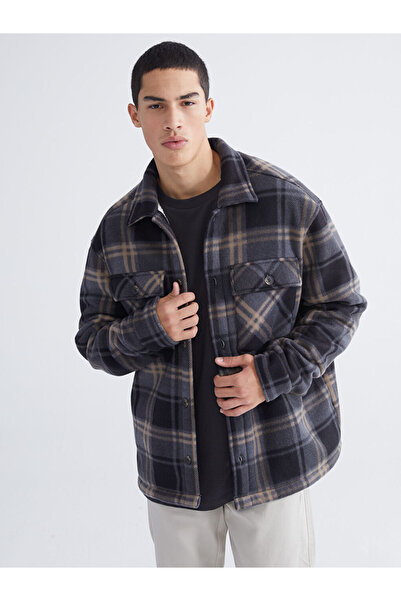 LC Waikiki Black Comfortable Fit Plaid Men's Plush Shirt Jacket