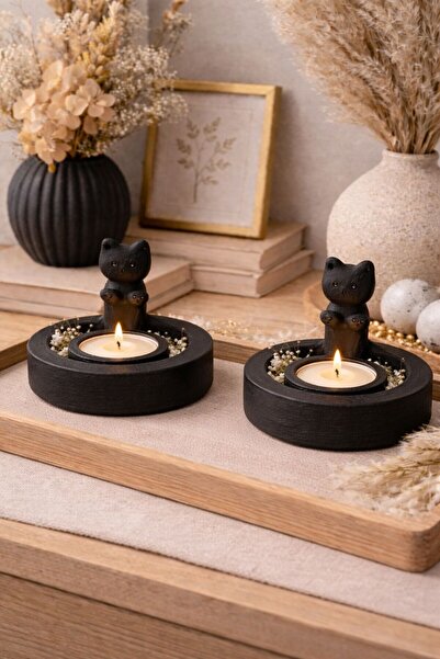 BUBUHOMEDECOR 2'li Üşüyen Kedi Figürlü Mumluk ve Mum Hediye Siyah