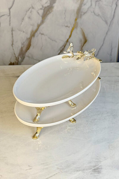 MAY HOME Double Bird Detailed 2-Piece Oval Porcelain Plate & Appetizer Salad ...