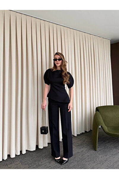 Laluvia Black Balloon Sleeve Asymmetrical Blouse Trouser Set - 25194