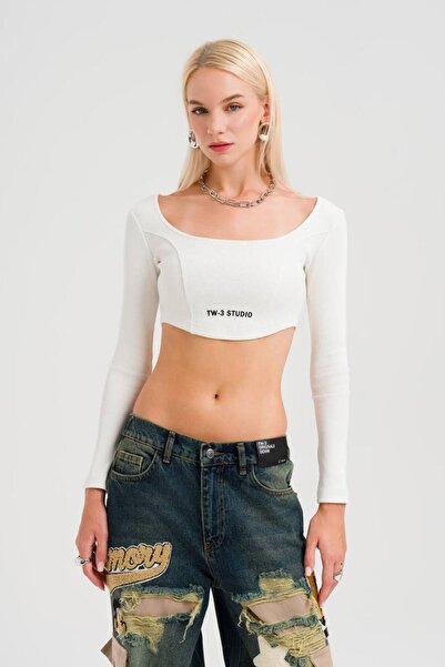 tw3 Дамски къс топ с дълги ръкави от трикотажна материя