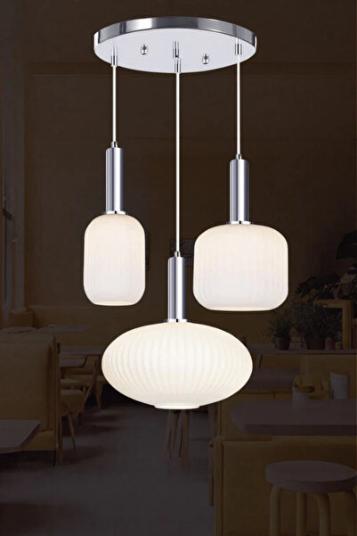 RONİSU AYDINLATMA Rustik Modern Opal Beyaz Camlı 3'lü Sarkıt Avize