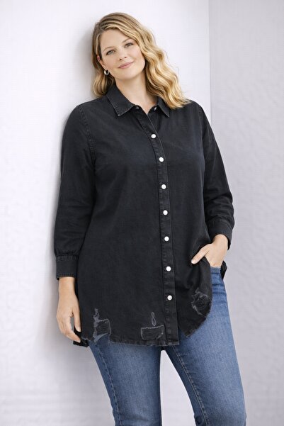 Şans Жіночий великий розмір, димчасто-сірий, джинсовий піджак з розрізами на ...