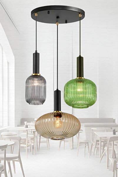 RONİSU AYDINLATMA Rustik Modern Opal Renkli Camlı 3'lü Sarkıt Avize